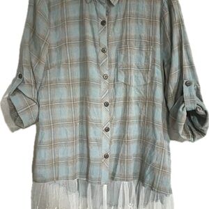 Grace & Emma Plaid Button-Down Tunic with Lace Hem - Size S/M